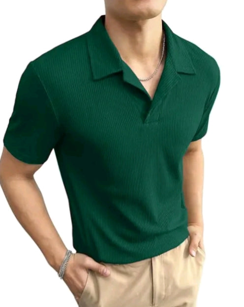 "Luxury Ribbed Knit Polo Shirt – Old Money Aesthetic, Short-Sleeve Casual Elegance"