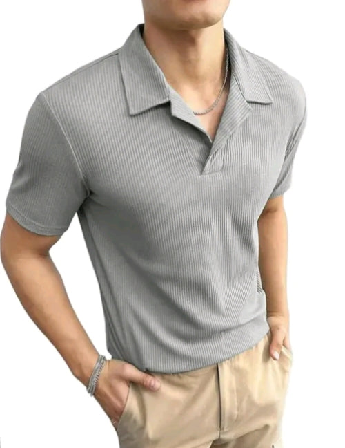 "Luxury Ribbed Knit Polo Shirt – Old Money Aesthetic, Short-Sleeve Casual Elegance"