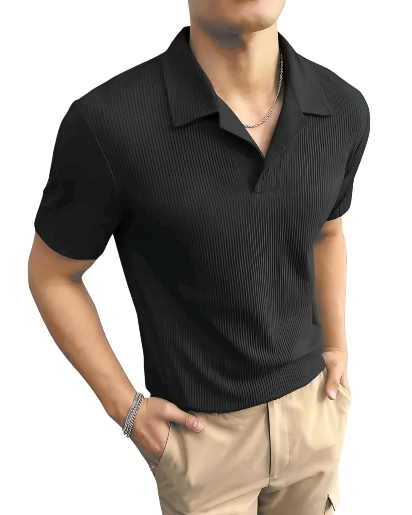 "Luxury Ribbed Knit Polo Shirt – Old Money Aesthetic, Short-Sleeve Casual Elegance"