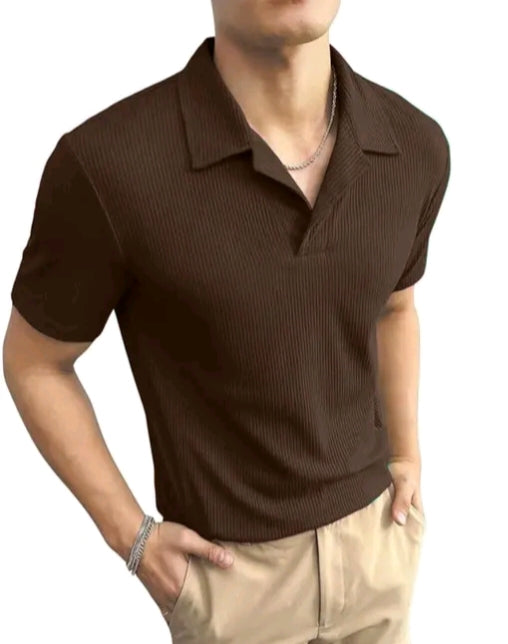 "Luxury Ribbed Knit Polo Shirt – Old Money Aesthetic, Short-Sleeve Casual Elegance"