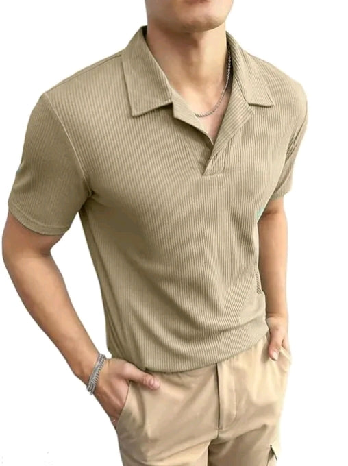 "Luxury Ribbed Knit Polo Shirt – Old Money Aesthetic, Short-Sleeve Casual Elegance"